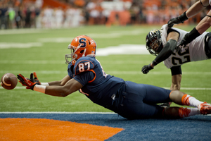 As a senior this year, Kendall Moore caught only one pass in 12 games for an SU team that finished 4-8 under first-year head coach Dino Babers. Above, Moore lays out for a pass in 2014. 
